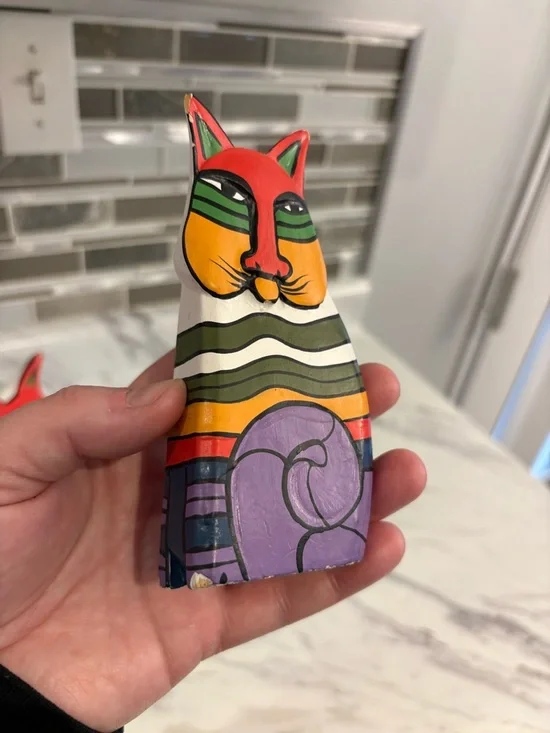 Vintage Laurel Burch style Cat figurines wooden hand painted folk art cat decor - Picture 7 of 9